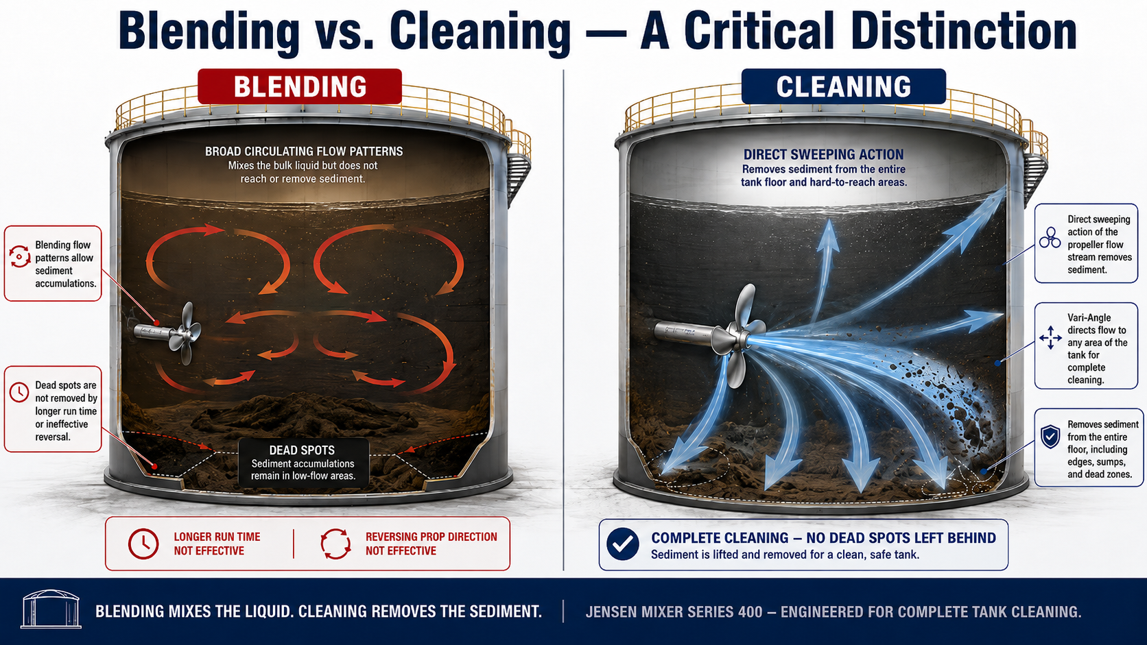 Blending vs. Cleaning — A Critical Distinction: blending creates broad circulating flow patterns while Jensen's Vari-Angle cleaning directs flow to remove sediment from the entire tank floor